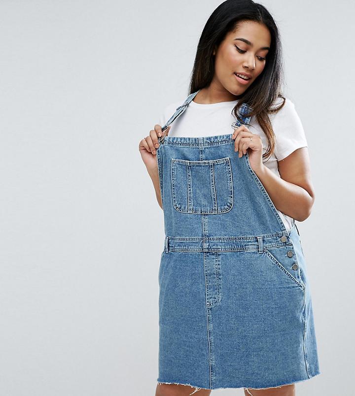 Asos Design Curve Denim Overall Dress In Midwash Blue - Blue