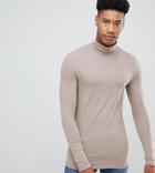 Asos Design Tall Muscle Fit Long Sleeve T-shirt With Roll Neck In Beige - Beige