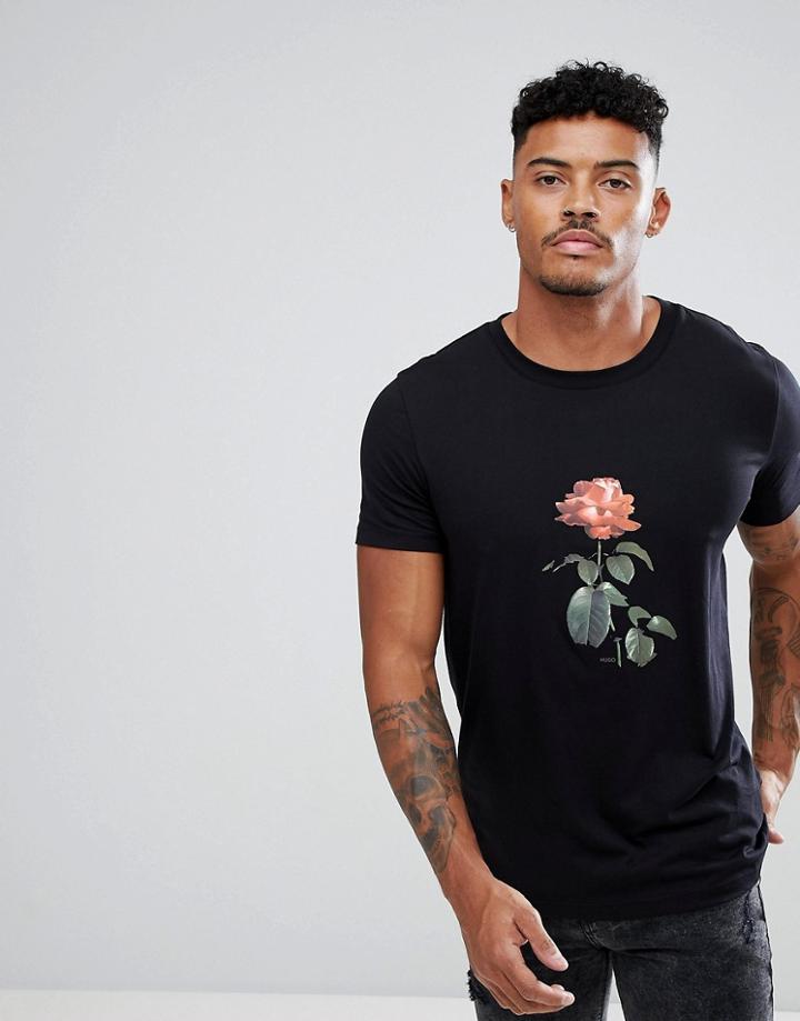 Hugo Crew Neck Rose Print T-shirt In Black - Black