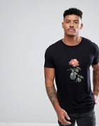 Hugo Crew Neck Rose Print T-shirt In Black - Black