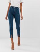 Asos Design Ridley High Waist Skinny Jeans In Mid Wash Blue With Front Seam And Vent Hem Detail - Blue