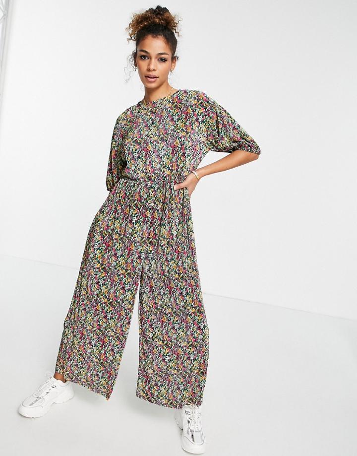 Asos Design Smock Plisse Jumpsuit In Floral Print-multi