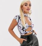 Asos Design Petite Crop Top With Cap Sleeve And Cut Out Detail In Marble-multi