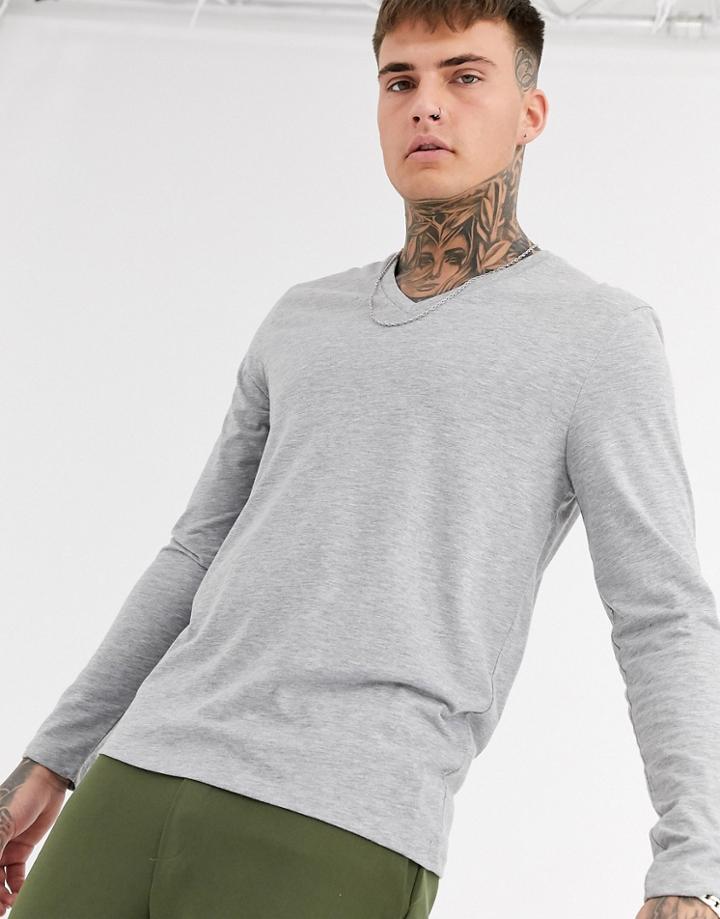 Asos Design Long Sleeve T-shirt With V Neck In Gray Marl