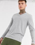 Asos Design Long Sleeve T-shirt With V Neck In Gray Marl