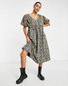 Asos Design Wrap Front Midi Smock Dress With Short Puff Sleeve In Snake Print-multi