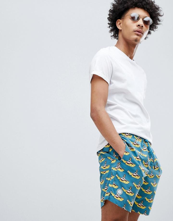 Pretty Green X The Beatles Yellow Submarine Print Swim Shorts In Green - Green