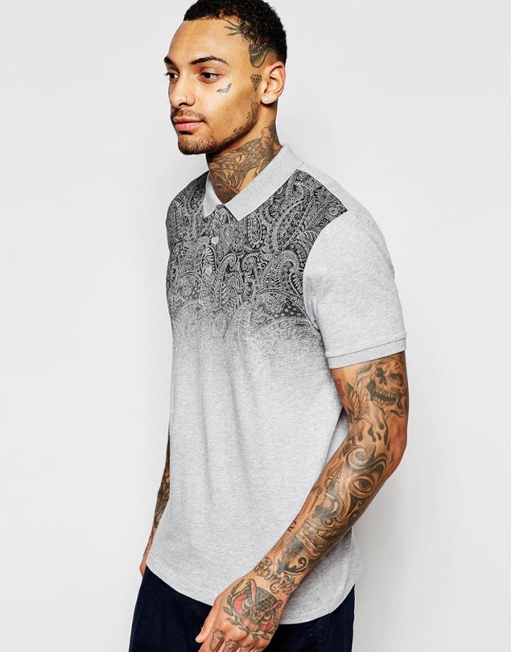 Asos Jersey Polo With Paisley Print - Gray Marl