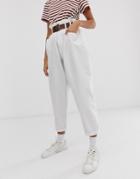 Asos Design Oversized Tapered Boyfriend Jeans With Curved Seams In Optic White With Belted Paper Bag Waist Detail - White