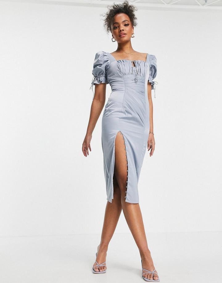 Asos Design Ruched Midi Dress With Puff Sleeve And Button Detail-blues