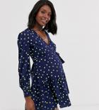 Influence Maternity Wrap Front Mini Dress In Green Spot-navy