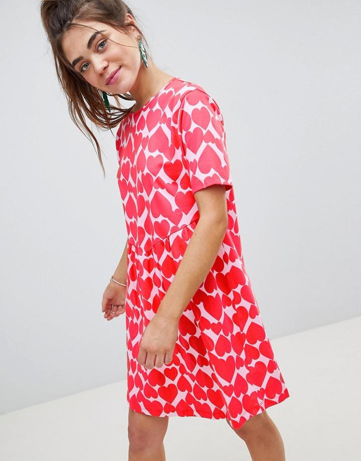 Asos Design Smock Dress With Diamond Open Back In Heart Print - Multi