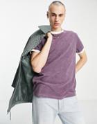 Asos Design T-shirt In Purple Terrycloth With Contrast Neck And Cuffs