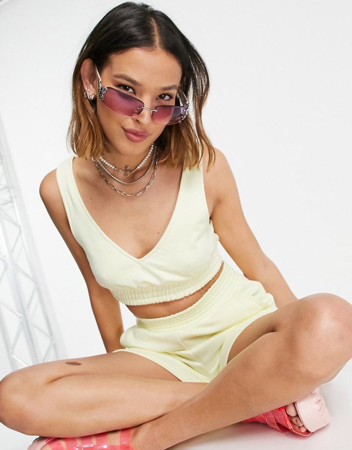 Bershka Elasticized V-neck Crop Top In Yellow