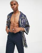 Asos Design Super Oversized Revere Satin Logo Shirt-multi