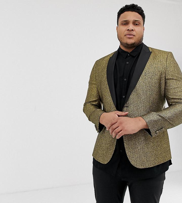 Asos Design Plus Skinny Blazer In Gold Glitter With Black Satin Lapel