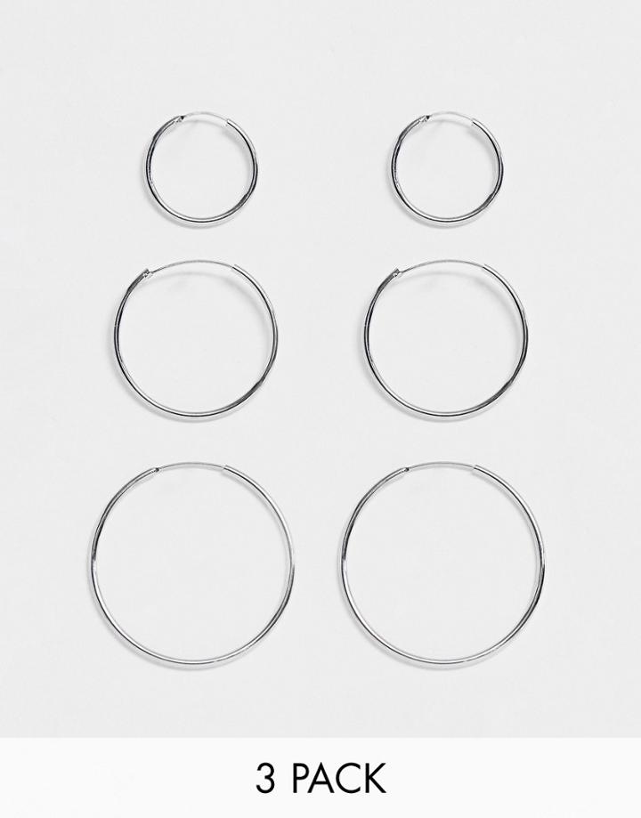Asos Design Pack Of 3 Fine Hoop Earrings In Silver Tone - Silver
