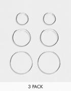 Asos Design Pack Of 3 Fine Hoop Earrings In Silver Tone - Silver