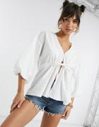 Asos Design Tie Waist Kimono Top With Puff Sleeves In Ivory-no Color