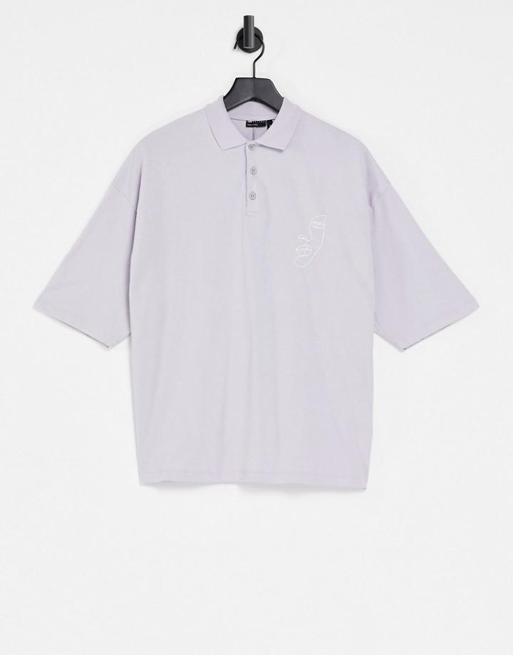 Asos Design Oversized Polo Shirt With Chest Face Line Drawing In Lilac-purple