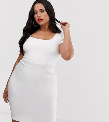 Vesper Curve Square Neck Pencil Dress With Cap Sleeve In White - White