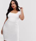 Vesper Curve Square Neck Pencil Dress With Cap Sleeve In White - White