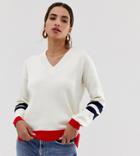 Oasis V Neck Sweater With Contrast Hem In White - White