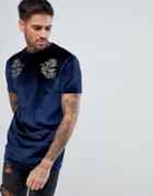 Asos T-shirt With Floral Embroidery In Velour - Navy