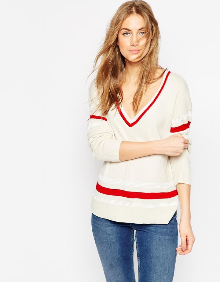 Asos Fine Sweater With Placement Stripe Detail In V Neck - Cream