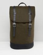 Asos Backpack In Green Melton With Faux Leather Trims - Green