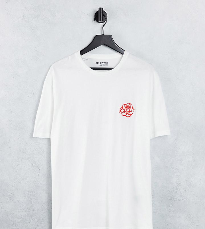 Selected Homme Organic Cotton Blend Oversized T-shirt With Rose Embroidery In White Exclusive At Asos