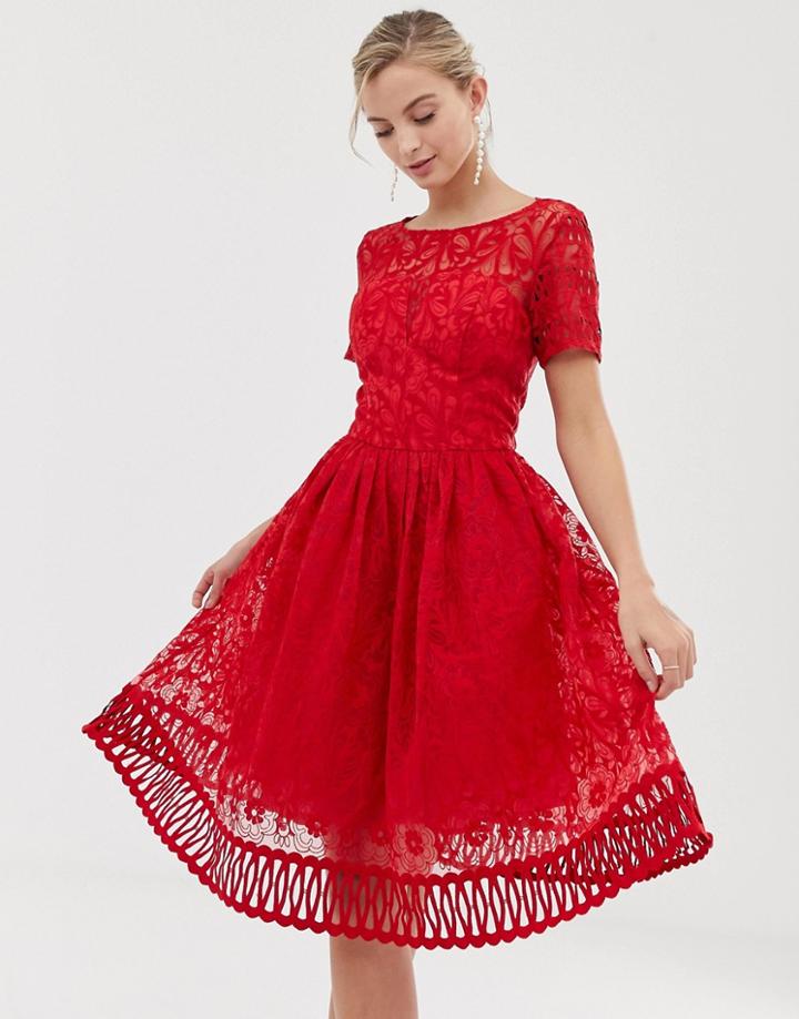 Chi Chi London Premium Lace Prom Dress With Cutwork Hem In Red