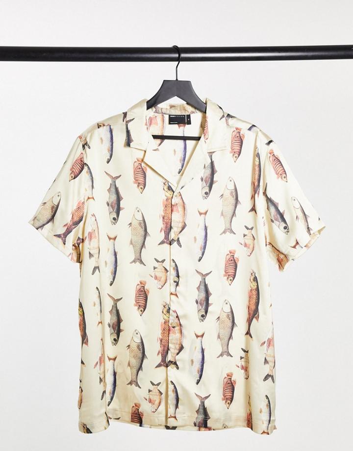 Asos Design Regular Camp Satin Shirt In Fish Vertical Print-neutral