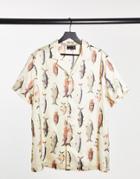 Asos Design Regular Camp Satin Shirt In Fish Vertical Print-neutral