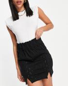 Asos Design Broderie Mini Skirt With Wide Shirred Waistband And Double Notched Hem In Black