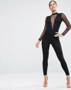 Asos Jersey Jumpsuit With Plunge Neck & Dobby Mesh - Black