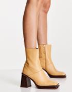 Asos Design Rochelle Premium Leather Platform Heeled Boots In Camel-neutral