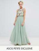 Asos Petite 3d Floral Embellished Crop Top Maxi Dress - Green