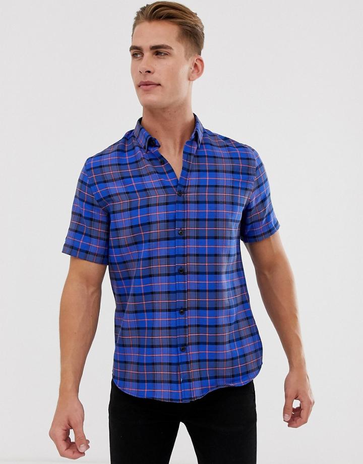 River Island Short Sleeve Check Shirt In Blue