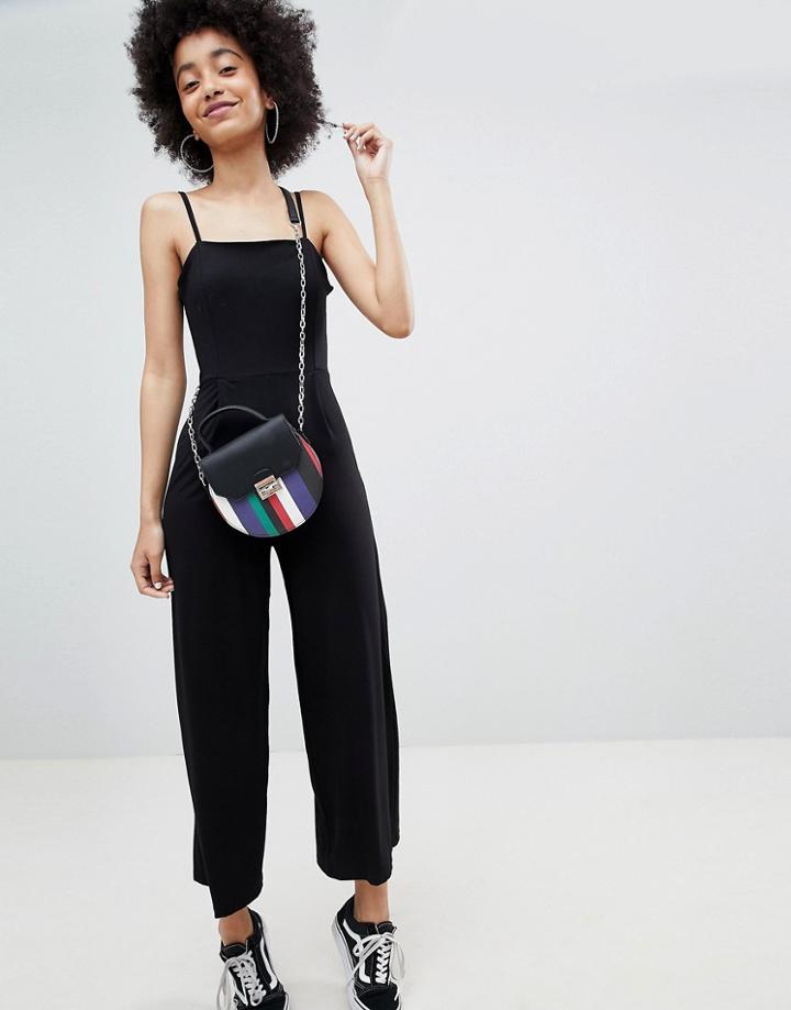Bershka Plain Wide Leg Jumpsuit In Black - Black