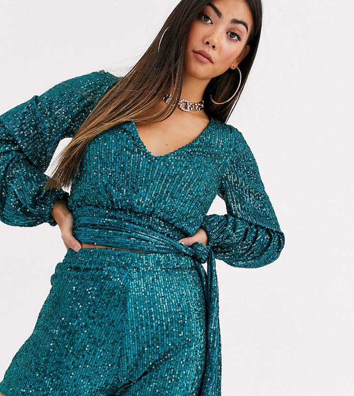 Club L London Petite Sequin Wrap Front Top With Tie Detail Two-piece In Green