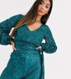 Club L London Petite Sequin Wrap Front Top With Tie Detail Two-piece In Green
