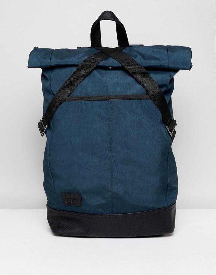 Asos Rolltop Backpack In Blue With Faux Leather Base - Blue