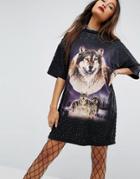 Asos Punk T-shirt Dress With Wolf Print And Embellishment - Black