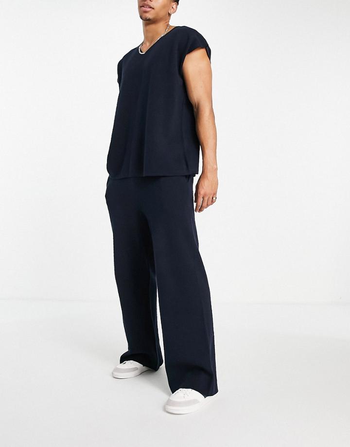 Asos Design Milano Knit Wide Leg Sweatpants In Navy