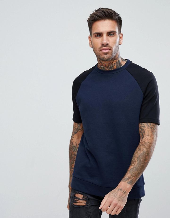 Asos Sweatshirt With Short Sleeve And Contrast Arms In Navy And Black - Navy