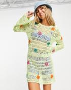 Asos Design Mini Dress With Crochet Flowers-green