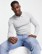 Asos Design Knitted Muscle Fit Rib Polo Sweater In Light Gray-grey