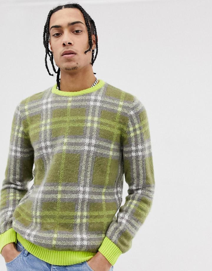 Asos Design Relaxed Fit Textured Check Sweater In Neon Green-multi