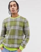 Asos Design Relaxed Fit Textured Check Sweater In Neon Green-multi
